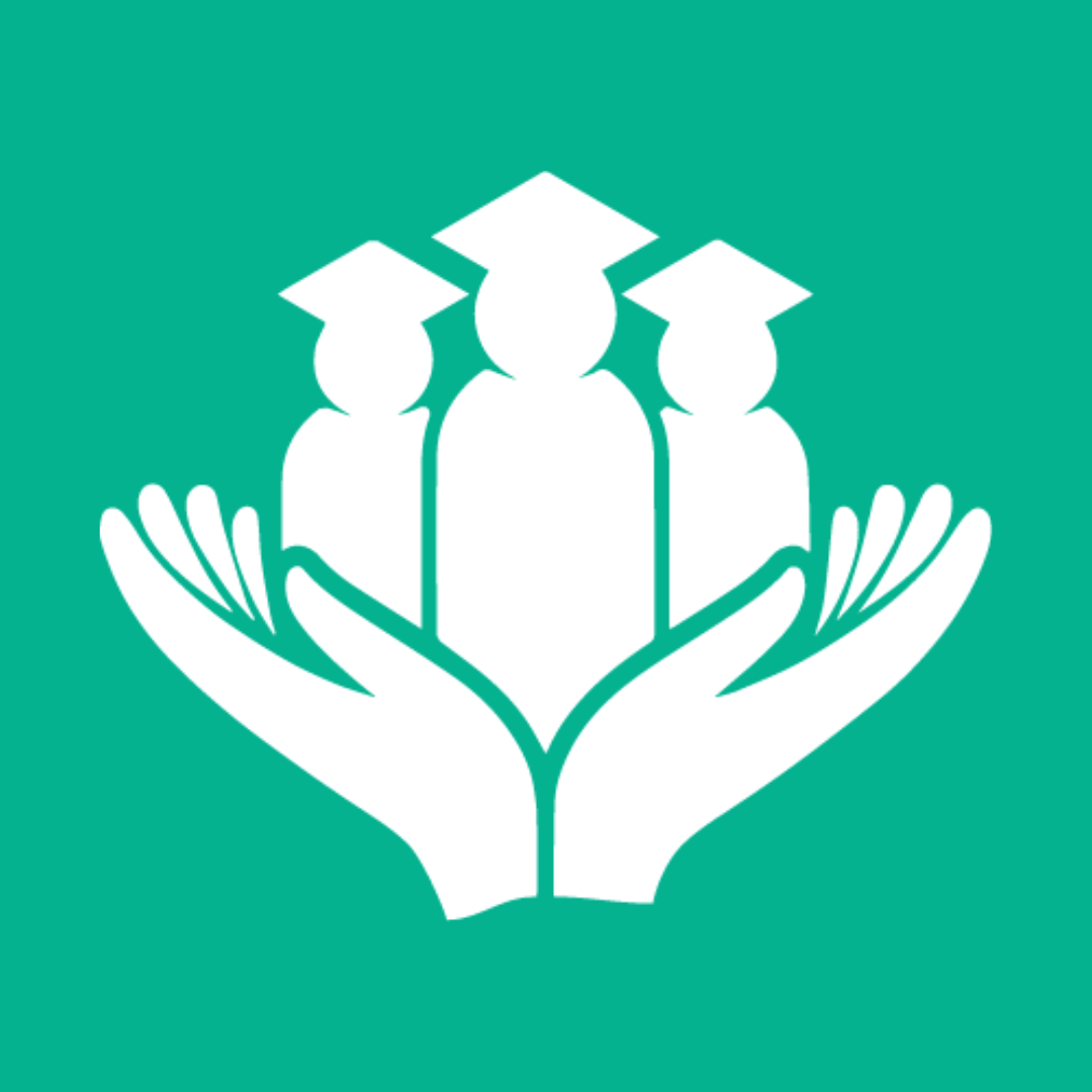 A white icon with two hands holding three figures in mortarboards on a green background